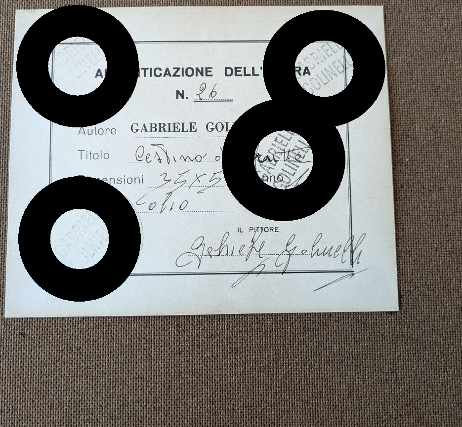 Dettaglio dell’etichetta sul retro di «Cestino di frutta»; i recapiti stampati e le parti sovrapposte del documento sono oscurati.